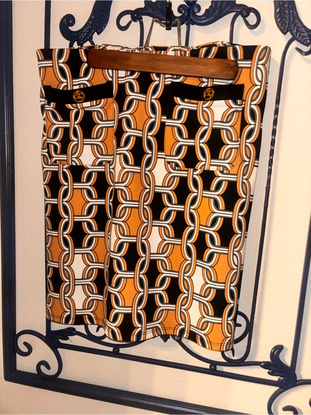 Messini
 Chain-Print Orange and Black Pencil Skirt w/ Pockets